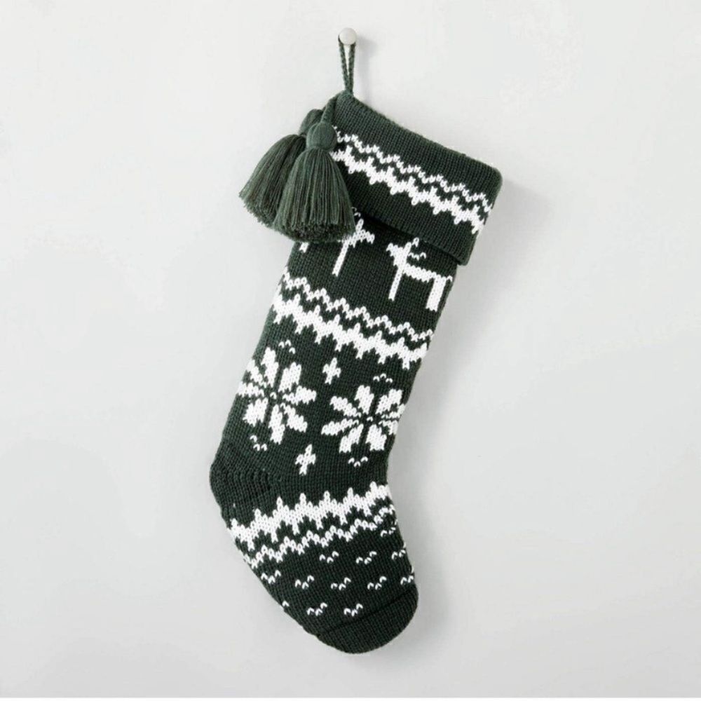 Hearth & Hand Fair Isle Reindeer Green -White Holiday Christmas Stocking Tassels